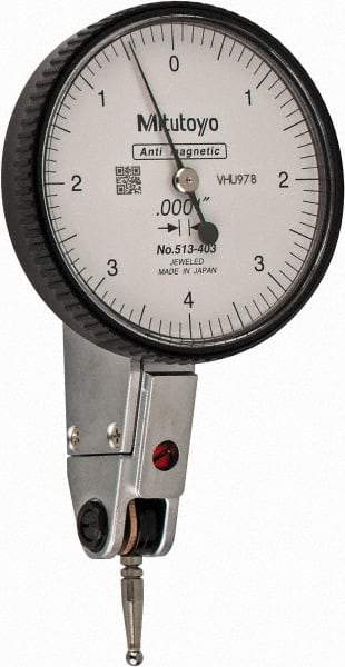 Mitutoyo - 0.008 Inch Range, 0.0001 Inch Dial Graduation, Horizontal Dial Test Indicator - 1.5748 Inch White Dial, 0-4-0 Dial Reading, Accurate to 0.0001 Inch - Benchmark Tooling