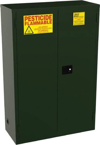 Jamco - 2 Door, 2 Shelf, Green Steel Double Wall Safety Cabinet for Flammable and Combustible Liquids - 65" High x 18" Wide x 43" Deep, Manual Closing Door, 3 Point Key Lock, 45 Gal Capacity - Benchmark Tooling