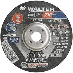 WALTER Surface Technologies - 60 Grit, 3" Wheel Diam, 1/32" Wheel Thickness, 3/8" Arbor Hole, Type 27 Depressed Center Wheel - Aluminum Oxide, Resinoid Bond, 25,470 Max RPM, Compatible with Die Grinders & Straight Shaft Grinder - Benchmark Tooling