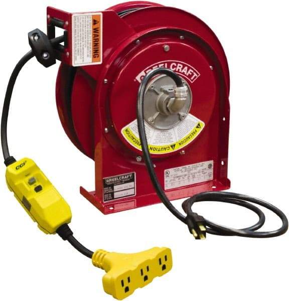 Reelcraft - 12 AWG, 45' Cable Length, Cord & Cable Reel with Triple-Tap with GFCI End - 3 Outlets, NEMA 5-15R, 15 Amps, 125 Volts, SJEOOW Cable, Red Reel, Spring Driven Reel - Benchmark Tooling