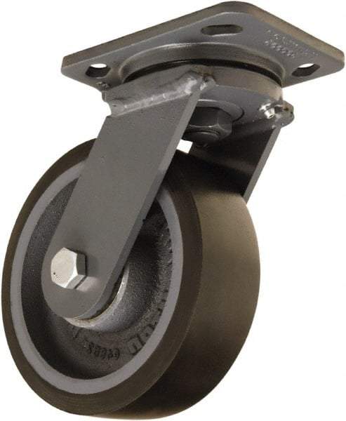 Hamilton - 6" Diam x 2" Wide x 7-1/2" OAH Top Plate Mount Swivel Caster - Polyurethane Mold onto Cast Iron Center, 1,560 Lb Capacity, Sealed Precision Ball Bearing, 4 x 5" Plate - Benchmark Tooling