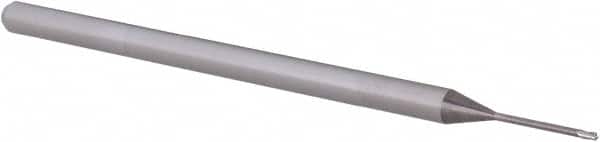 Accupro - 0.03", 0.045" LOC, 1/8" Shank Diam, 2-1/2" OAL, 3 Flute, Solid Carbide Square End Mill - Single End, Uncoated, Spiral Flute, 30° Helix, Centercutting, Right Hand Cut, Right Hand Flute, Series Miniature - Benchmark Tooling