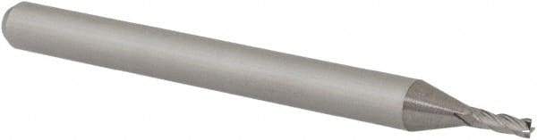 Accupro - 0.046", 0.138" LOC, 1/8" Shank Diam, 1-1/2" OAL, 4 Flute, Solid Carbide Square End Mill - Single End, Uncoated, Spiral Flute, 30° Helix, Centercutting, Right Hand Cut, Right Hand Flute, Series Miniature - Benchmark Tooling
