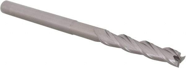 Accupro - 3/16", 1-1/8" LOC, 3/16" Shank Diam, 3" OAL, 3 Flute, Solid Carbide Square End Mill - Single End, Uncoated, Spiral Flute, 30° Helix, Centercutting, Right Hand Cut, Right Hand Flute, Series Miniature - Benchmark Tooling