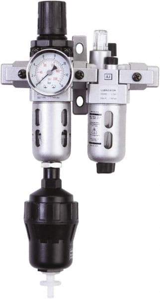 PRO-SOURCE - 1/4" NPT Port Miniature 2 Piece Filter/Regulator-Lubricator FRL Unit - Polycarbonate Bowl, 18 SCFM, 145 Max psi, 6.69" High, Automatic Drain - Benchmark Tooling