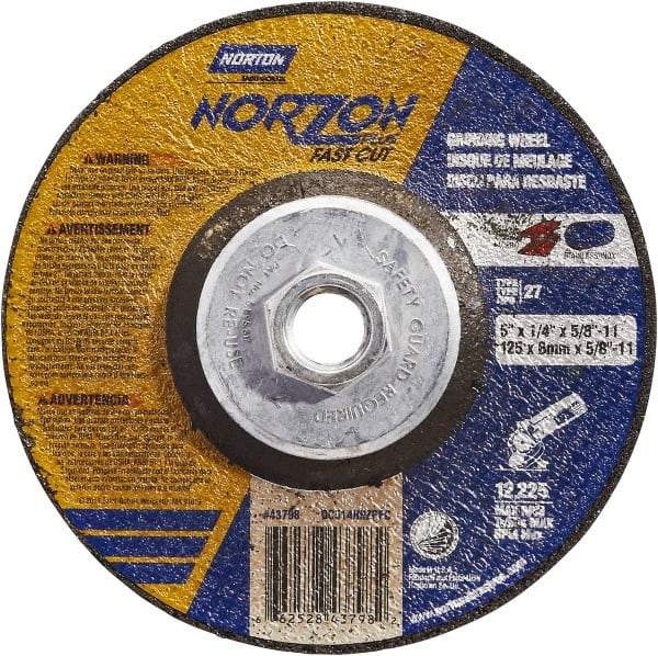 Norton - 5" Wheel Diam, 1/4" Wheel Thickness, Type 27 Depressed Center Wheel - Ceramic, Resinoid Bond, 12,225 Max RPM - Benchmark Tooling