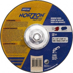 Norton - 9" Wheel Diam, 1/4" Wheel Thickness, Type 27 Depressed Center Wheel - Ceramic, Resinoid Bond, 6,600 Max RPM - Benchmark Tooling