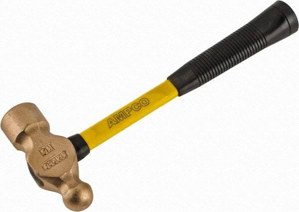 Ampco - 2-3/4 Lb Head Aluminum Bronze Ball Pein Hammer - 14" Fiberglass Handle with Grip, 1-13/16" Face Diam, 14" OAL - Benchmark Tooling