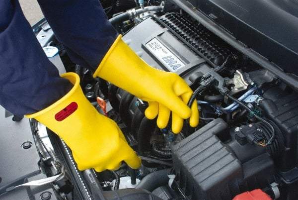 Ansell - Class 0, Size 8, 14" Long, Rubber Lineman's Glove - 5,000 AC Max Use Voltage, 1,000 AC Test Voltage, Yellow, ASTM D120 - Benchmark Tooling