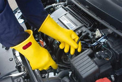 Ansell - Class 0, Size 8, 14" Long, Rubber Lineman's Glove - 5,000 AC Max Use Voltage, 1,000 AC Test Voltage, Yellow, ASTM D120 - Benchmark Tooling