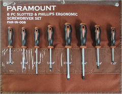 Paramount - 8 Piece Slotted, Phillips & Cabinet Screwdriver Set - Blade Sizes: Width 3/16, 1/4 & 5/16, Bit Sizes: Philips #0 to #3 - Benchmark Tooling