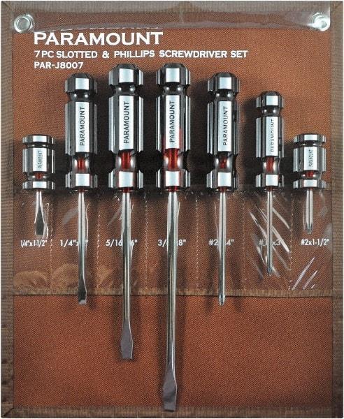 Paramount - 7 Piece Slotted, Phillips & Stubby Screwdriver Set - Blade Sizes: Width 1/4, 5/16 & 3/8, Bit Sizes: Philips #1 & #2 - Benchmark Tooling