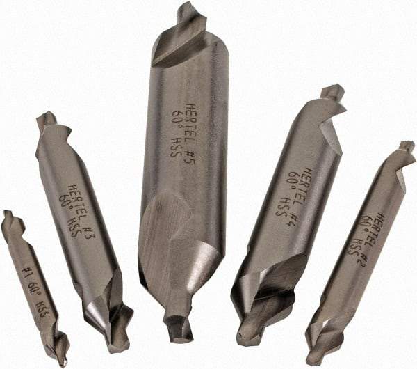 Hertel - #1 to 5, 1/8 to 7/16" Body Diam, 1/8" Point Diam, Plain Edge, High Speed Steel Combo Drill & Countersink Set - 0.0469 to 0.1875" Point Length, 1/8 to 2-3/4" OAL, Double End, Hertel Series Compatibility - Benchmark Tooling