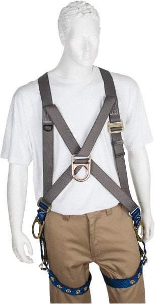 PRO-SAFE - 350 Lb Capacity, Size Universal, Full Body Cross-Over Safety Harness - Polyester, Front D-Ring, Side D-Ring, Tongue Buckle Leg Strap, Pass-Thru Chest Strap, Gray/Blue - Benchmark Tooling