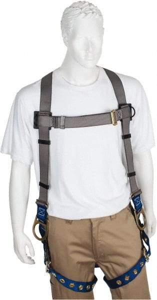 PRO-SAFE - 350 Lb Capacity, Size Universal, Full Body Back D-Ring Safety Harness - Polyester, Side D-Ring, Tongue Buckle Leg Strap, Pass-Thru Chest Strap, Gray/Blue - Benchmark Tooling