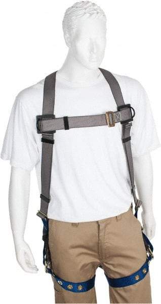 PRO-SAFE - 350 Lb Capacity, Size XL, Full Body Premium Tongue Buckle Safety Harness - Polyester, Tongue Buckle Leg Strap, Pass-Thru Chest Strap, Gray/Blue - Benchmark Tooling