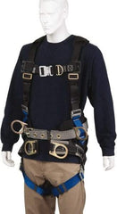 PRO-SAFE - 350 Lb Capacity, Size XL, Full Body Construction Safety Harness - Polyester, Front D-Ring, Side D-Ring, Quick Connect Leg Strap, Quick Connect Chest Strap, Black/Blue - Benchmark Tooling
