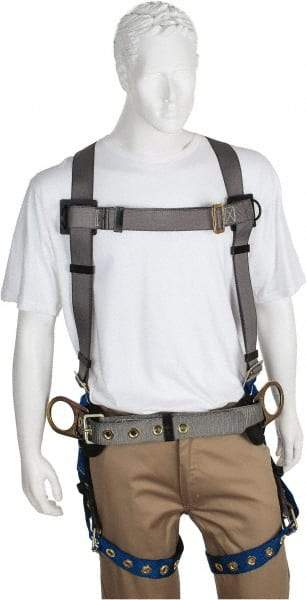 PRO-SAFE - 350 Lb Capacity, Size XXL, Full Body Construction Safety Harness - Polyester, Side D-Ring, Tongue Buckle Leg Strap, Pass-Thru Chest Strap, Gray/Blue - Benchmark Tooling