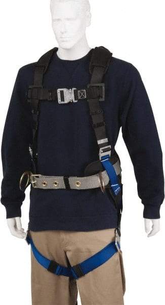 PRO-SAFE - 350 Lb Capacity, Size XL, Full Body Construction Safety Harness - Polyester, Side D-Ring, Quick Connect Leg Strap, Quick Connect Chest Strap, Black/Blue - Benchmark Tooling