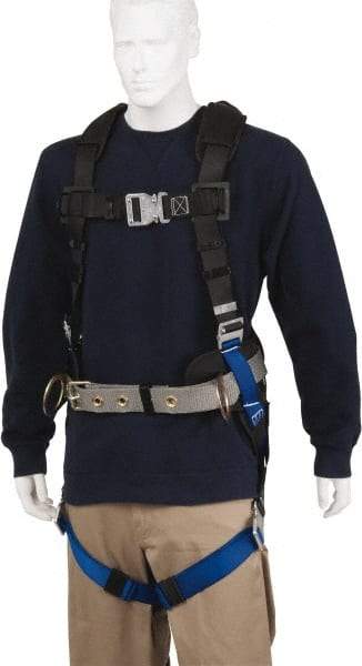 PRO-SAFE - 350 Lb Capacity, Size Universal, Full Body Construction Safety Harness - Polyester, Side D-Ring, Quick Connect Leg Strap, Quick Connect Chest Strap, Black/Blue - Benchmark Tooling