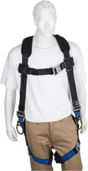 PRO-SAFE - 350 Lb Capacity, Size XXL, Full Body Padded Back D-Ring Safety Harness - Polyester, Side D-Ring, Quick Connect Leg Strap, Quick Connect Chest Strap, Black/Blue - Benchmark Tooling