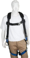 PRO-SAFE - 350 Lb Capacity, Size XL, Full Body Padded Back D-Ring Safety Harness - Polyester, Side D-Ring, Quick Connect Leg Strap, Quick Connect Chest Strap, Black/Blue - Benchmark Tooling