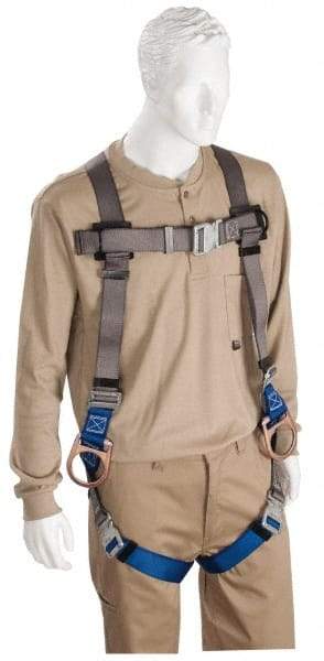 PRO-SAFE - 350 Lb Capacity, Size XXL, Full Body Quick Connect Back D-Ring Safety Harness - Polyester, Side D-Ring, Quick Connect Leg Strap, Quick Connect Chest Strap, Gray/Blue - Benchmark Tooling