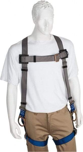 PRO-SAFE - 350 Lb Capacity, Size XL, Full Body Back D-Ring Safety Harness - Polyester, Side D-Ring, Pass-Thru Leg Strap, Pass-Thru Chest Strap, Gray/Blue - Benchmark Tooling