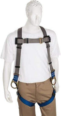 PRO-SAFE - 350 Lb Capacity, Size Universal, Full Body Back D-Ring Safety Harness - Polyester, Side D-Ring, Pass-Thru Leg Strap, Pass-Thru Chest Strap, Gray/Blue - Benchmark Tooling