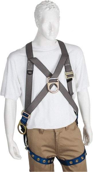 PRO-SAFE - 350 Lb Capacity, Size XXL, Full Body Cross-Over Safety Harness - Polyester, Front D-Ring, Side D-Ring, Tongue Buckle Leg Strap, Pass-Thru Chest Strap, Gray/Blue - Benchmark Tooling