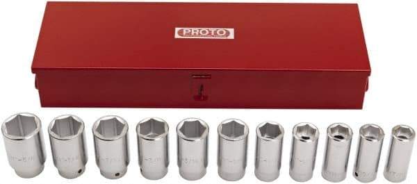 Proto - 11 Piece 3/4" Drive Deep Socket Set - 6 Points, 7/8 to 1-5/8", Inch Measurement Standard - Benchmark Tooling