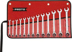 Proto - 13 Piece, 7mm to 19mm, 12 Point Reversible Ratcheting Combination Wrench Set - Metric Measurement Standard, Full Polish Chrome Finish, Comes in Tool Roll - Benchmark Tooling