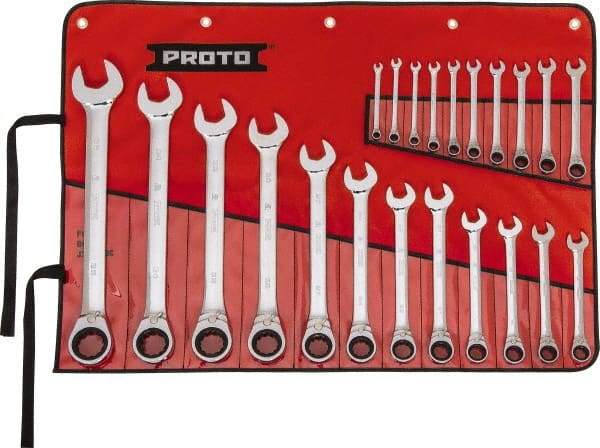 Proto - 22 Piece, 6mm to 36mm, 12 Point Reversible Ratcheting Combination Wrench Set - Metric Measurement Standard, Full Polish Chrome Finish, Comes in Tool Roll - Benchmark Tooling