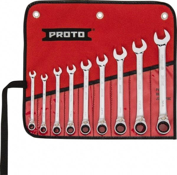 Proto - 9 Piece, 9/32" to 3/4", 12 Point Reversible Ratcheting Combination Wrench Set - Inch Measurement Standard, Full Polish Chrome Finish, Comes in Tool Roll - Benchmark Tooling