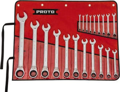 Proto - 20 Piece, 7/32" to 1-1/2", 12 Point Reversible Ratcheting Combination Wrench Set - Inch Measurement Standard, Full Polish Chrome Finish, Comes in Tool Roll - Benchmark Tooling