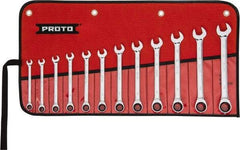 Proto - 12 Piece, 8mm to 19mm, 12 Point Ratcheting Combination Wrench Set - Metric Measurement Standard, Full Polish Chrome Finish, Comes in Tool Roll - Benchmark Tooling