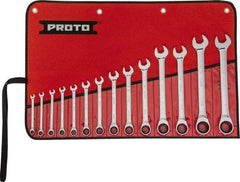 Proto - 14 Piece, 1/4" to 1", 12 Point Ratcheting Combination Wrench Set - Inch Measurement Standard, Full Polish Chrome Finish, Comes in Tool Roll - Benchmark Tooling