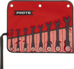 Proto - 8 Piece, 5/16" to 3/4", 12 Point Ratcheting Flex-Head Spline Wrench Set - Inch Measurement Standard, Black/Chrome Finish, Comes in Nylon Roll - Benchmark Tooling