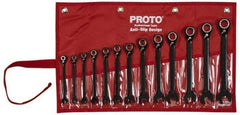 Proto - 13 Piece, 7mm to 19mm, 12 Point Short Ratcheting Reversible Combination Spline Wrench Set - Metric Measurement Standard, Black/Chrome Finish, Comes in Tool Roll - Benchmark Tooling