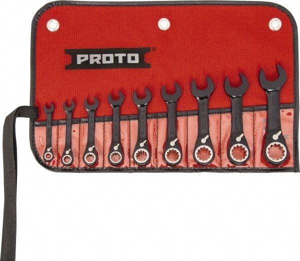 Proto - 9 Piece, 1/4" to 3/4", 12 Point Short Ratcheting Reversible Combination Spline Wrench Set - Inch Measurement Standard, Black/Chrome Finish, Comes in Tool Roll - Benchmark Tooling