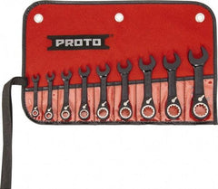 Proto - 9 Piece, 1/4" to 3/4", 12 Point Short Ratcheting Reversible Combination Spline Wrench Set - Inch Measurement Standard, Black/Chrome Finish, Comes in Tool Roll - Benchmark Tooling