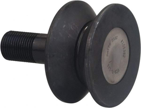 Accurate Bushing - 6-1/2" Roller Diam x 3" Width, 2" Stud Diam x 4-1/2" Length, V Guide Roller - Carbon Steel, 2-1/2" Thread Length, 2-12 Thread, 7-1/2" OAL, 35,800 Lb Dynamic Cap, 40,000 Lb Static Cap - Benchmark Tooling