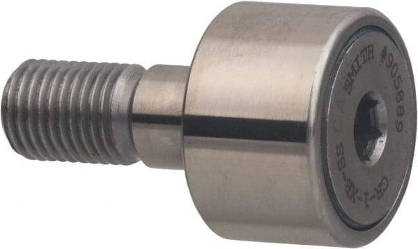 Accurate Bushing - 5/8" Roller Diam x 7/16" Width, 1/4" Stud Diam x 3/4" Length, Sealed Stud Cam Follower with Hex - Stainless Steel, 5/16" Thread Length, 1/4-28 Thread, 1.19" OAL, 695 Lb Dynamic Cap - Benchmark Tooling