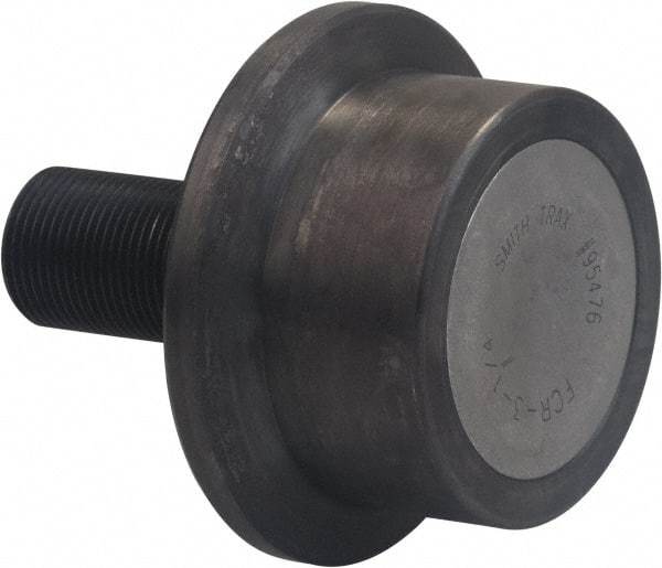 Accurate Bushing - 4-1/2" Roller Diam x 2" Width, 1-1/4" Stud Diam x 2-3/4" Length, Flanged Load Roller - Carbon Steel, 1-3/4" Thread Length, 1-1/4-12 Thread, 4-3/4" OAL, 14,300 Lb Dynamic Cap, 16,000 Lb Static Cap - Benchmark Tooling