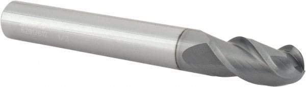 Accupro - 1/2" Diam, 1" LOC, 3 Flute Solid Carbide Ball End Mill - nACRo Finish, Single End, 4" OAL, 1/2" Shank Diam, Spiral Flute - Benchmark Tooling