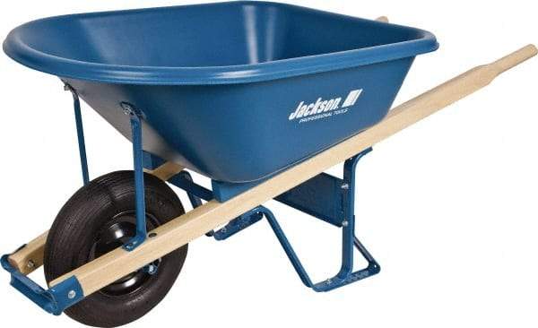 Jackson Professional Tools - 5.75 Cu Ft Capacity Wheelbarrow with 16" Pneumatic Wheel - Wood Handle, 59-1/4" Long x 29-1/2" Wide x 27-1/4" High, Blue - Benchmark Tooling