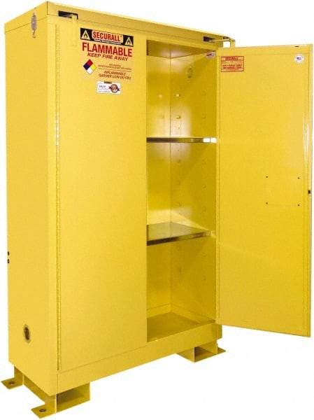 Securall Cabinets - 2 Door, 2 Shelf, Yellow Steel Standard Safety Cabinet for Flammable and Combustible Liquids - 71" High x 43" Wide x 18" Deep, Self Closing Door, 3 Point Key Lock, 45 Gal Capacity - Benchmark Tooling