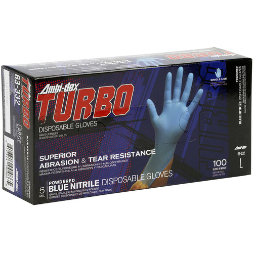 ‎63-332/S Disposable Gloves - Ambi-Dex Turbo Disposable Nitrile - 5 mil Blue - Powdered - Textured Grip - Exact Industrial Supply