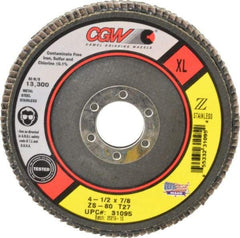 Camel Grinding Wheels - 80 Grit, 4-1/2" Disc Diam, 7/8" Center Hole, Type 27 Zirconia Alumina Flap Disc - 13,300 Max RPM, Polyester Backing, Arbor Attaching System, Coated - Benchmark Tooling