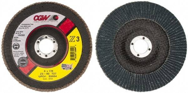 Camel Grinding Wheels - 60 Grit, 6" Disc Diam, 7/8" Center Hole, Type 27 Aluminum Oxide Flap Disc - 10,200 Max RPM, Poly Cotton Backing, Arbor Attaching System, Coated - Benchmark Tooling